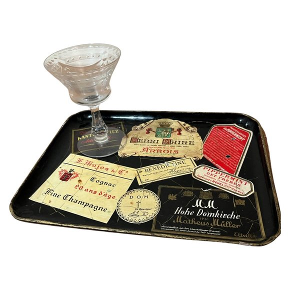 Vintage Mid Century French Wine and Liquor Label Decoupage Black Tray Distressed - Picture 1 of 8